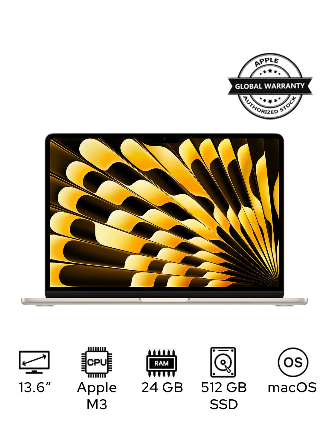 MacBook Air MC8P4 | 13.6 Inch Display | Apple M3 Chip | 8-Core CPU & 10-Core GPU | 24GB RAM | 512GB SSD | macOS | English Keyboard | Starlight