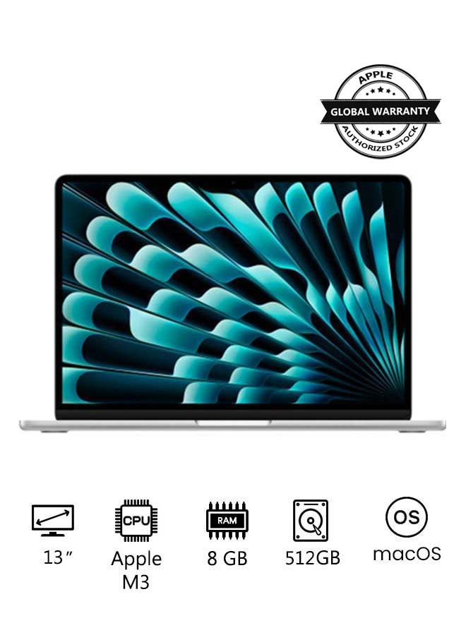 MacBook Air MRXR3 | 13 Inch Display | Apple M3 Chip | 8-Core CPU & 10-Core GPU | 8GB RAM | 512GB SSD | macOS | English Keyboard | International Version | Silver